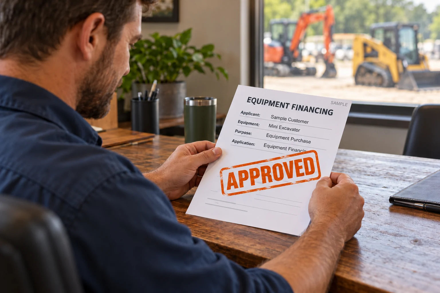 Illustration of a customer reviewing a sample equipment-financing application stamped Approved