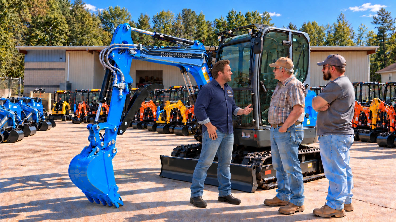 Blue excavator and three people talking at an equipment dealership