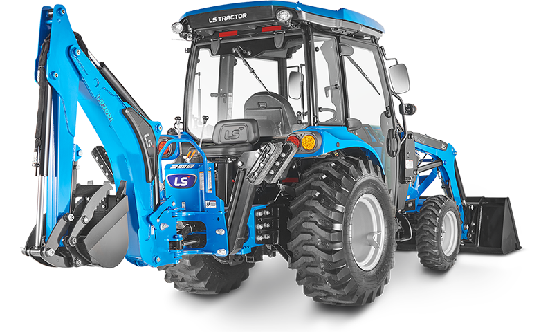 Blue LS tractor with an enclosed cab, front loader and rear backhoe in a manufacturer studio image